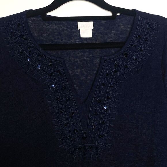 New Chico's Embroidered Long-Line Linen Knit Tunic Women's Size XS (Chico's 00) - Picture 6 of 8